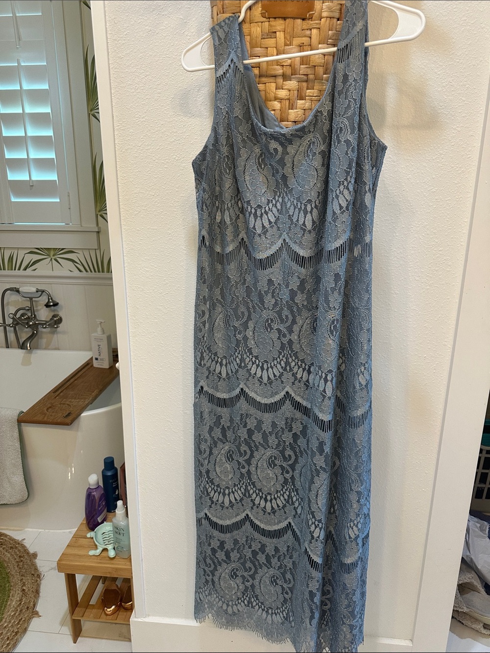 R&M Richards Sleeveless Lace Maxi Dress in Dusty Blue